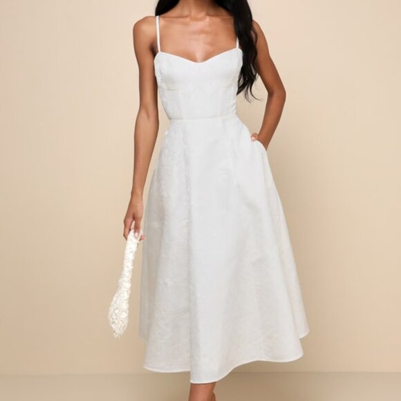 Lulus Meet For Tea White Jacquard Bustier Midi Dress With Pockets - Size L - Picture 1 of 1
